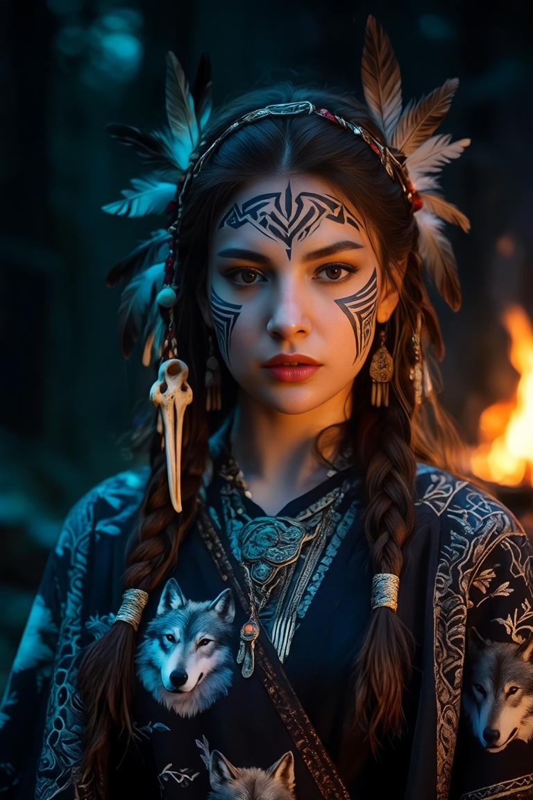 painterly high-fantasy portrait,  close-up of wolf princess with intricate tribal markings,  braided hair adorned with bon...