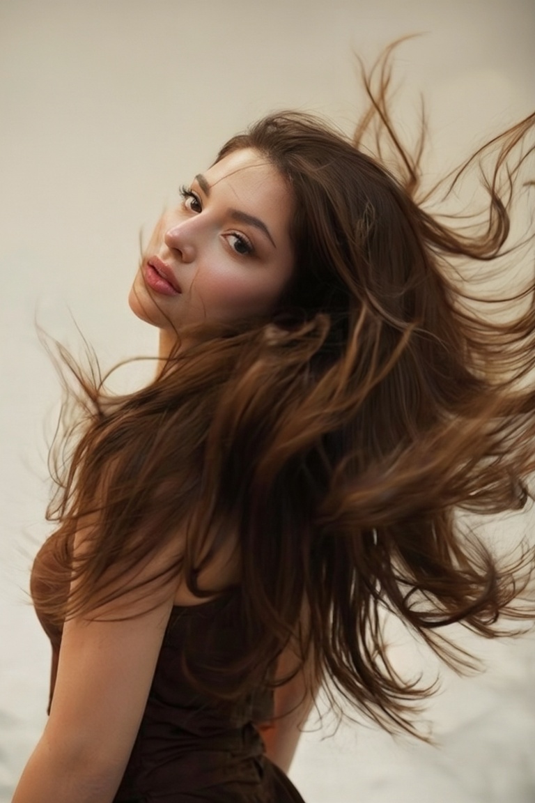 Portrait of a woman flipping her hair mid-motion,  strands frozen with motion blur edges,  natural body posture on Tensor.Art
