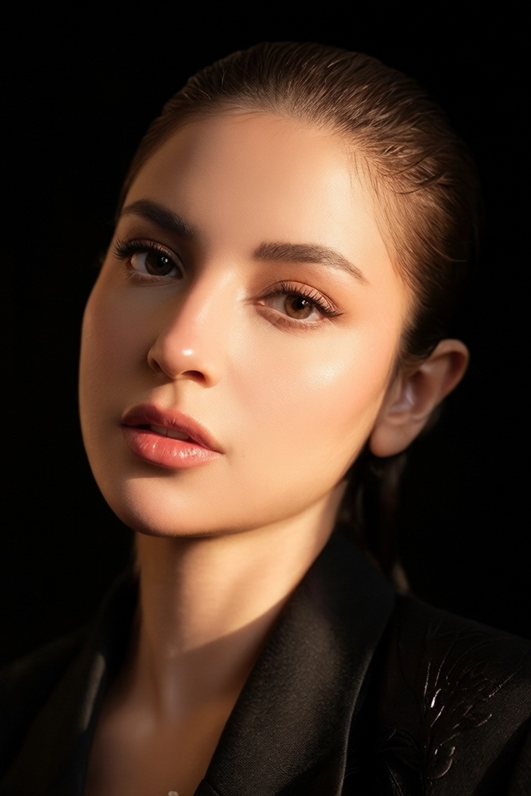 High-end fashion portrait,  woman with sleek hair and minimal makeup,  dramatic rim lighting with soft fill on Tensor.Art
