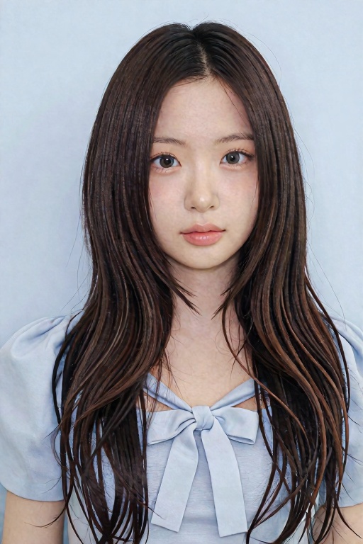 The image shows a young woman with long,  wavy,  brown hair. She is wearing a light blue top with a bow at the front. The...