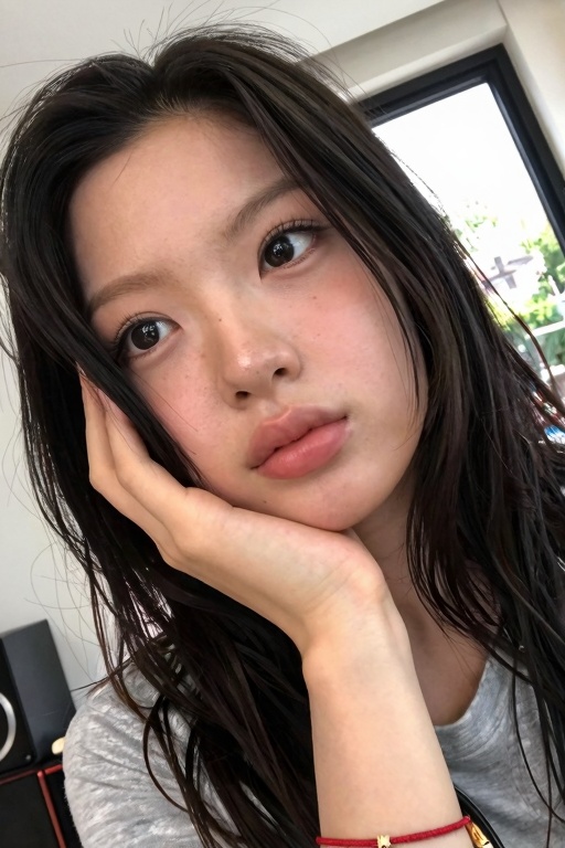 A candid,  close-up photograph captured at a significant Dutch angle features a young woman with long,  dark brown hair in...