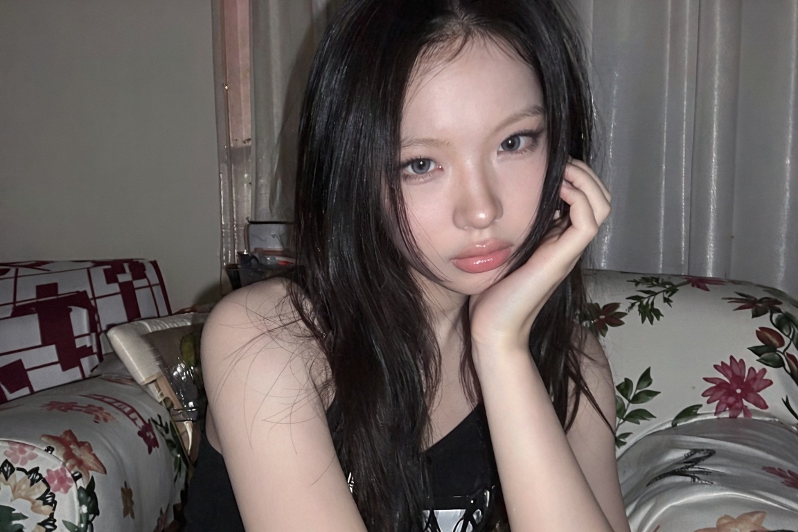 The image shows a person with long dark hair,  wearing a black sleeveless top. They are resting their chin on their hand,...