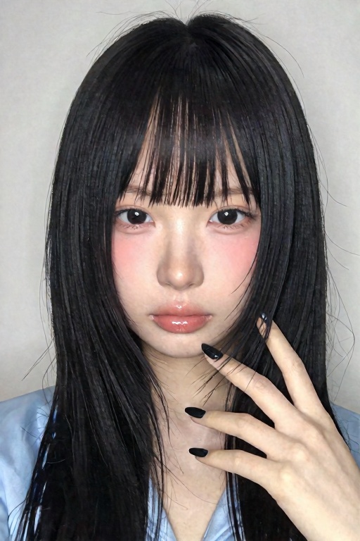 The image shows a person with long,  straight black hair,  styled to fall over their forehead. Their skin is smooth and fa...
