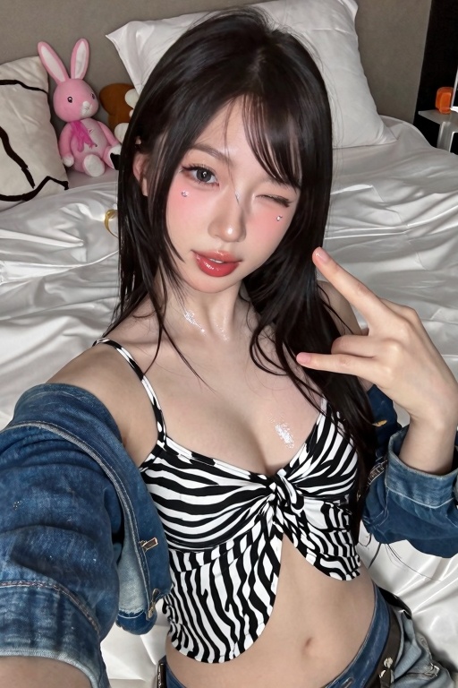 A high-angle front-camera phone selfie of a young woman in her 20s sitting or half-lying on a white bed. The camera is hel...