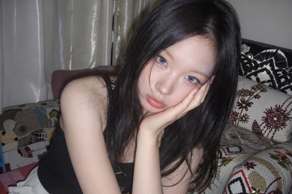 The image shows a person with long dark hair,  wearing a black sleeveless top. They are resting their chin on their hand,...