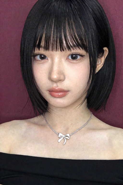 The image shows a person with short black hair,  wearing a delicate silver necklace with a small bow pendant. The backgrou...