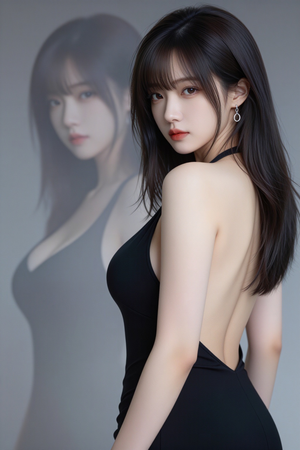 Cinematic portrait of a graceful young Korean woman,  her dark hair styled in loose waves,  a single earring catching the...