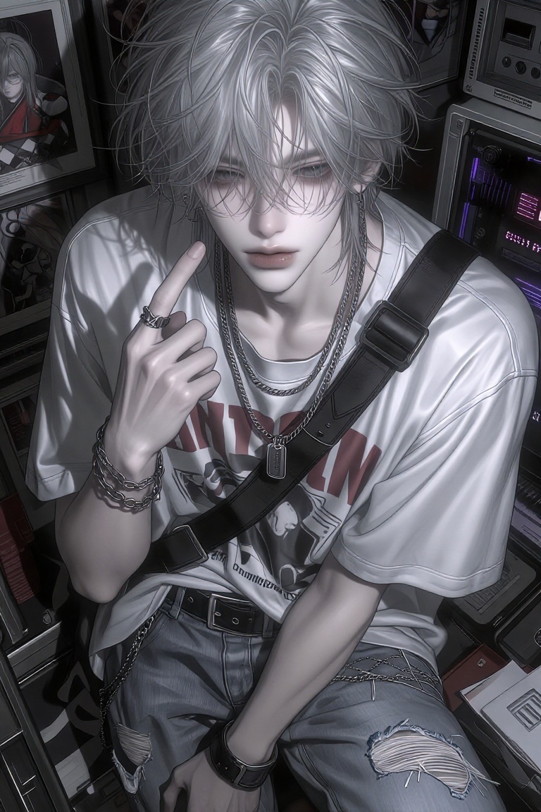 A stylized animated character with silver,  tousled hair dressed in a loose,  white graphic-print shirt and ripped jeans o...
