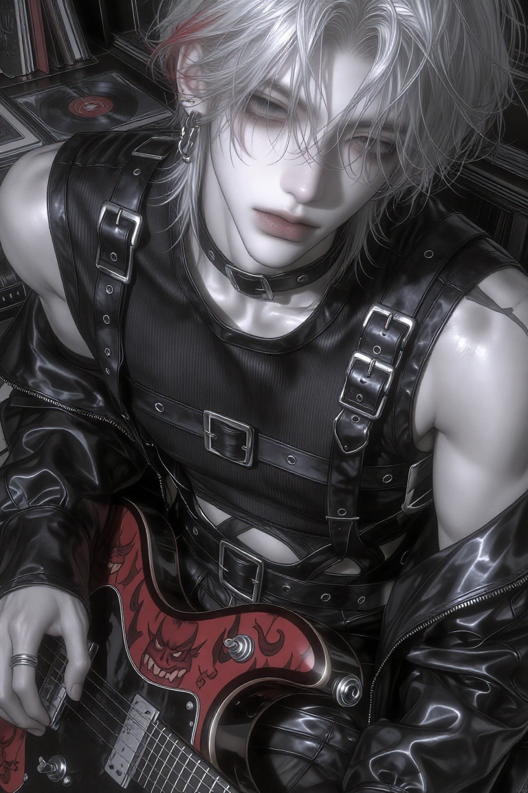 A person with pale skin and white,  tousled hair,  tinged with a faint red streak on Tensor.Art