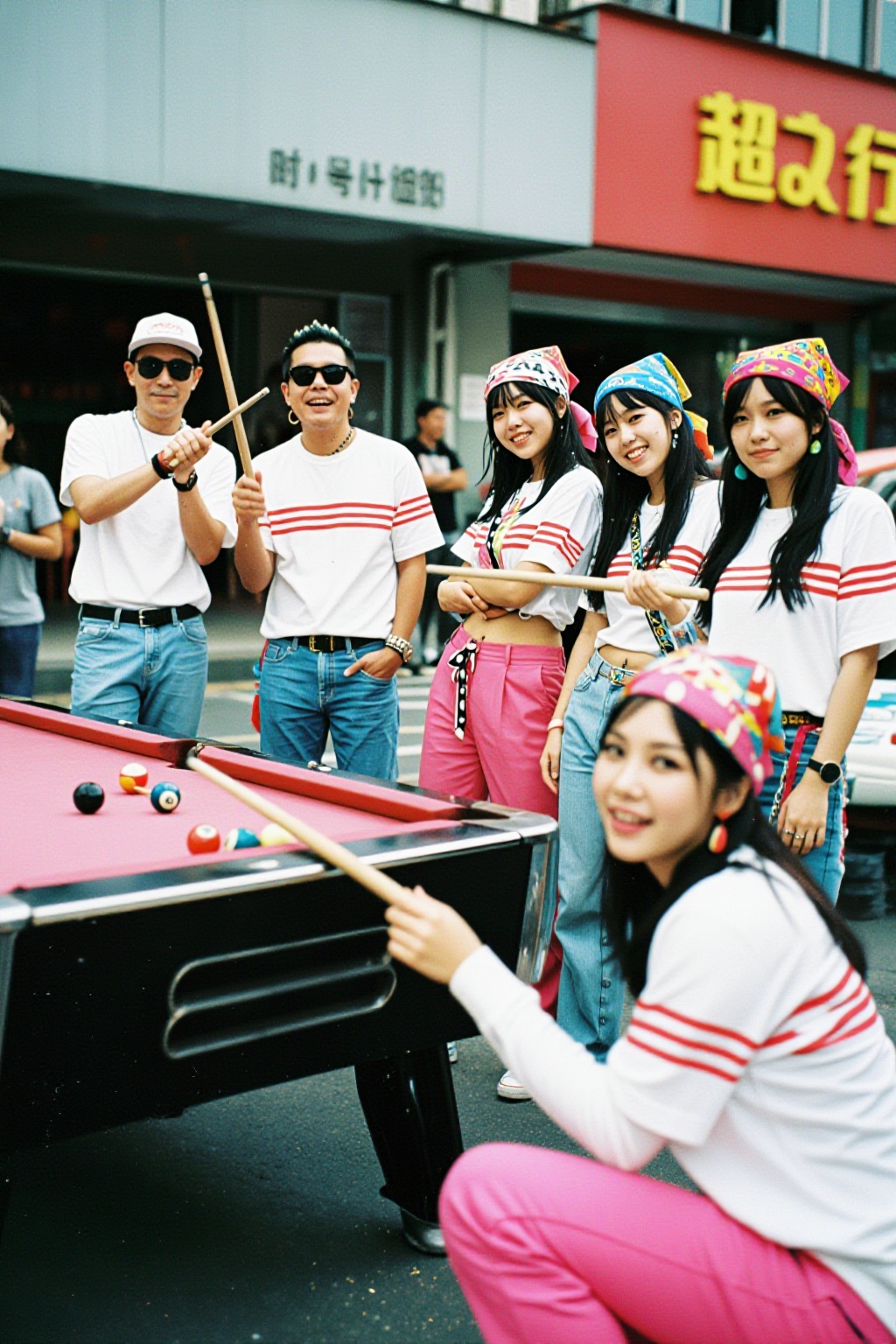 a photo of an asian punk rock band playing on the street,  dressed in jeans and white t-shirts with red stripes,  standing...