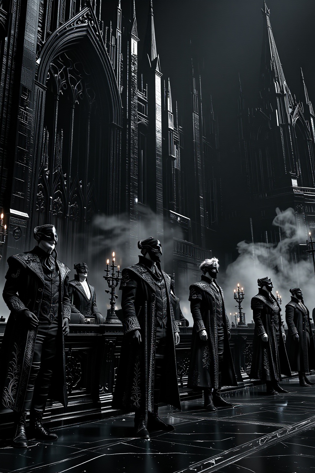 Gothic fantasy ruling council chamber,  black obsidian architecture,  towering spires on Tensor.Art