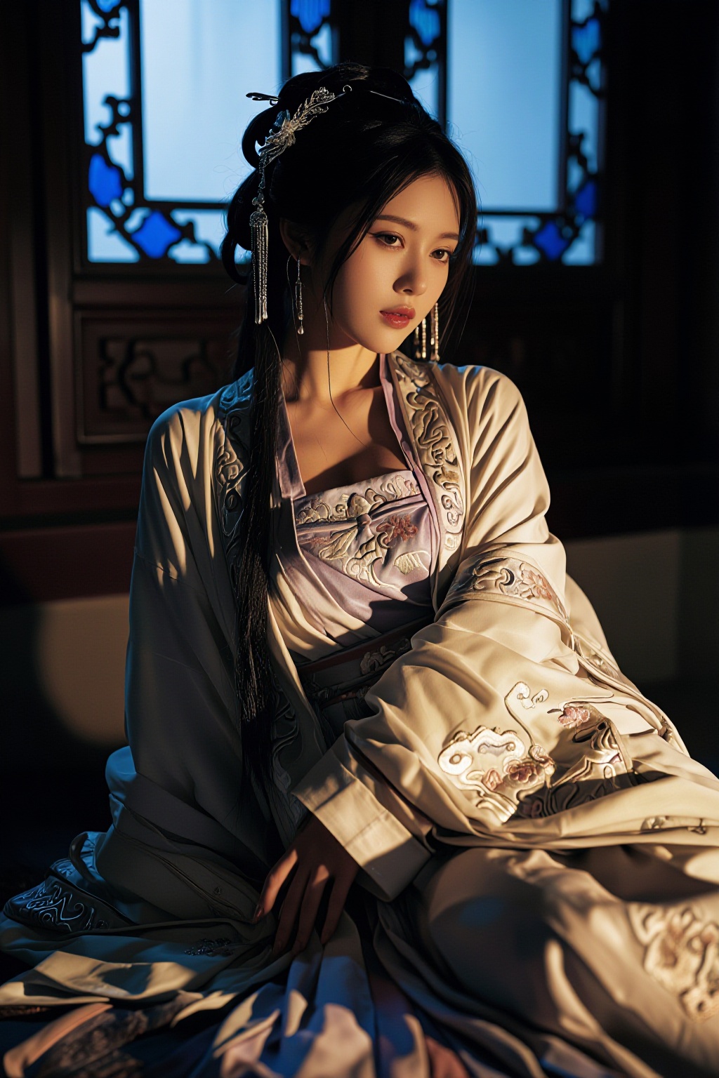 一位身着精致汉服的东方古典美人端坐于古雅室内,  她乌黑如墨的长发高高盘起,  发髻上点缀着精美的银质发簪和流苏装饰 on Tensor.Art