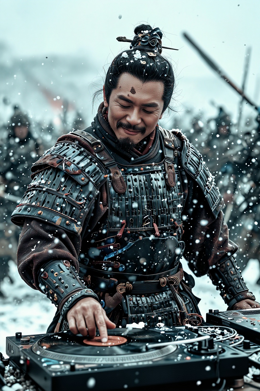 A Three Kingdoms general in heavy,  mud-stained armor with a relaxed,  cool expression and a slight smirk on Tensor.Art