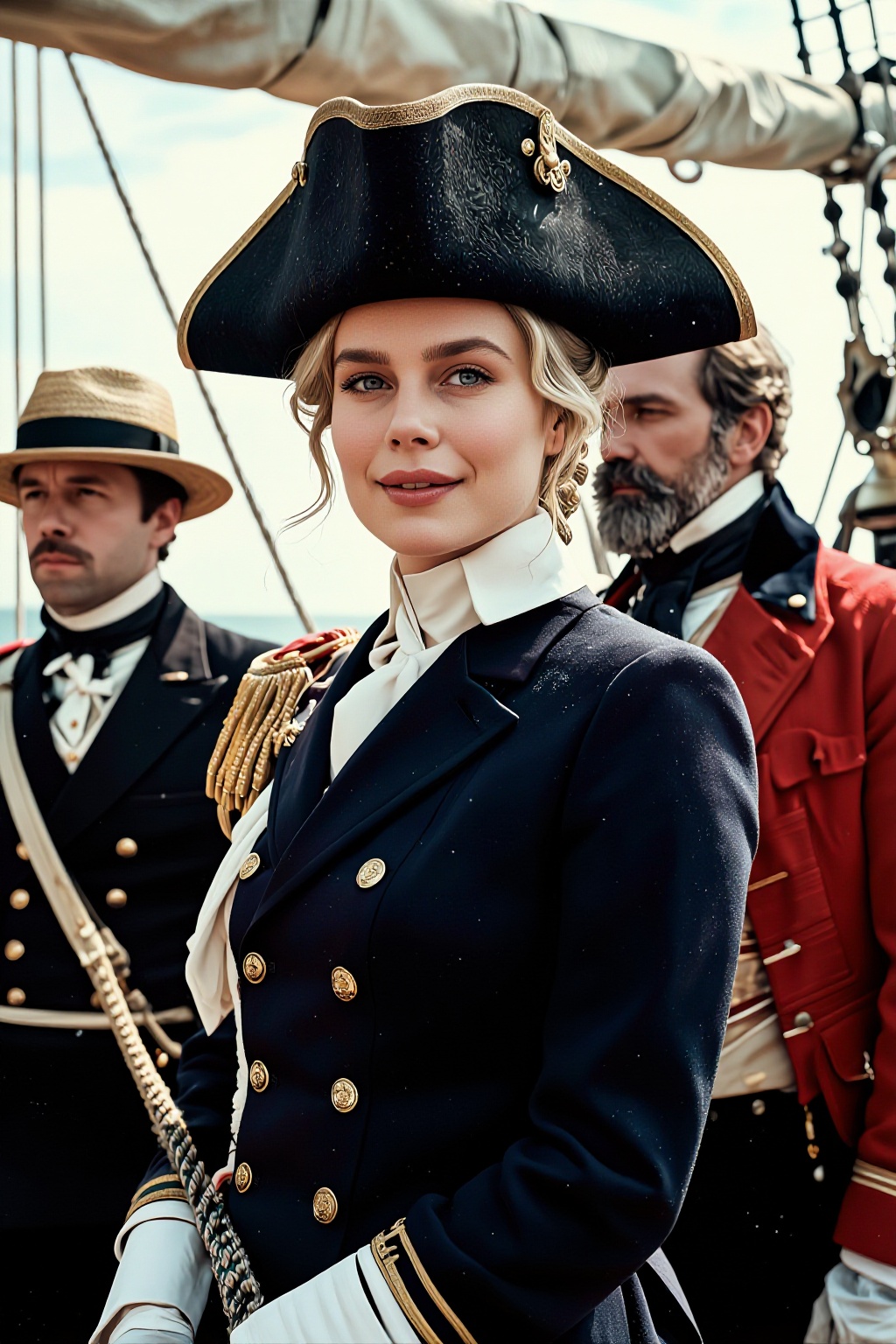 A close-up portrait of a woman in an elegant 19th-century naval officer’s uniform,  featuring a tall black tricorn hat ado...
