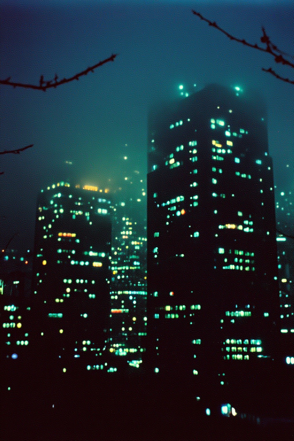 night,  tall buildings shrouded in fog and branches,  sky blue and dark green color scheme on Tensor.Art