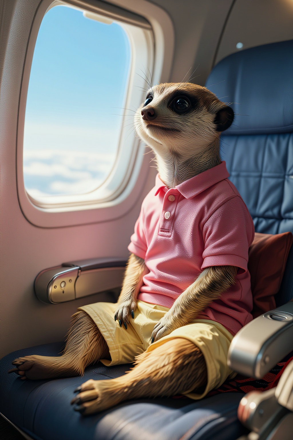 An anthropomorphic meerkat is very frightened,  with wide eyes,  inside an airplane on Tensor.Art