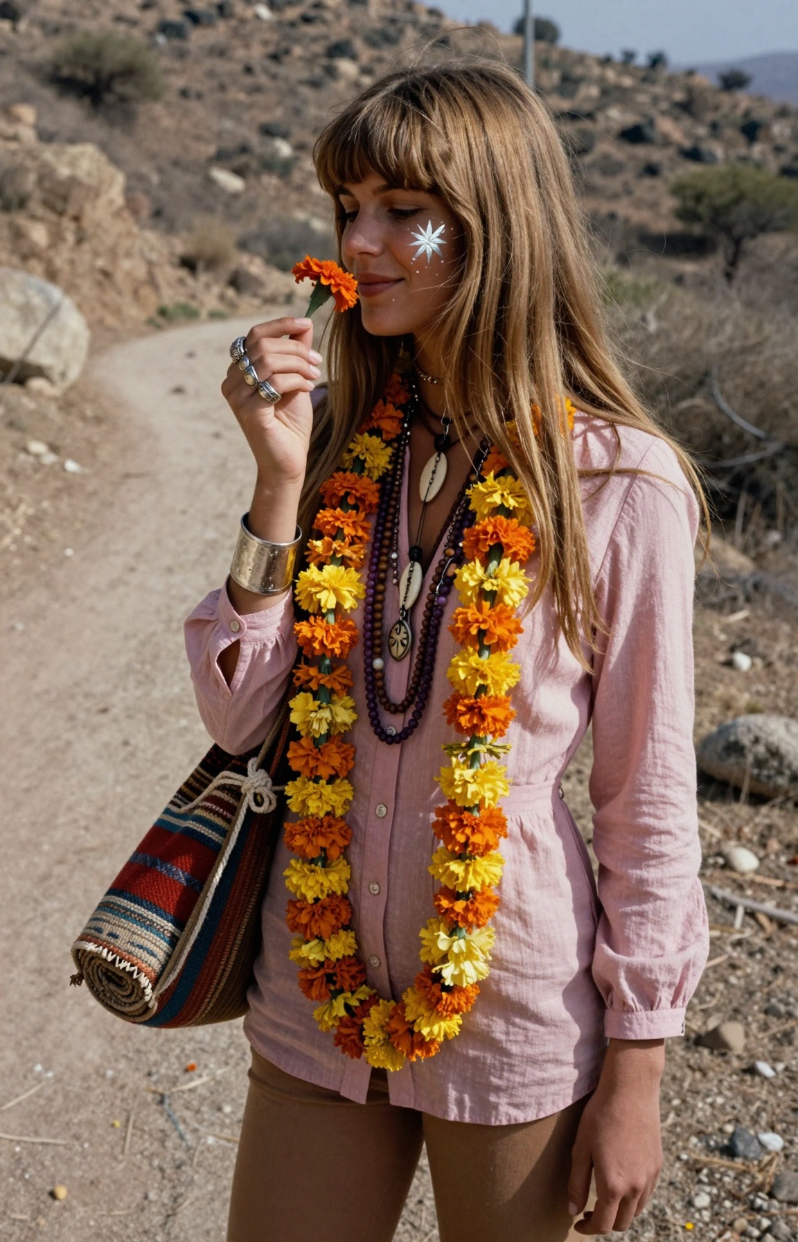 This is a candid,  sunlit portrait of a young woman in full late-1960s hippie travel attire,  dating the image to approxim...