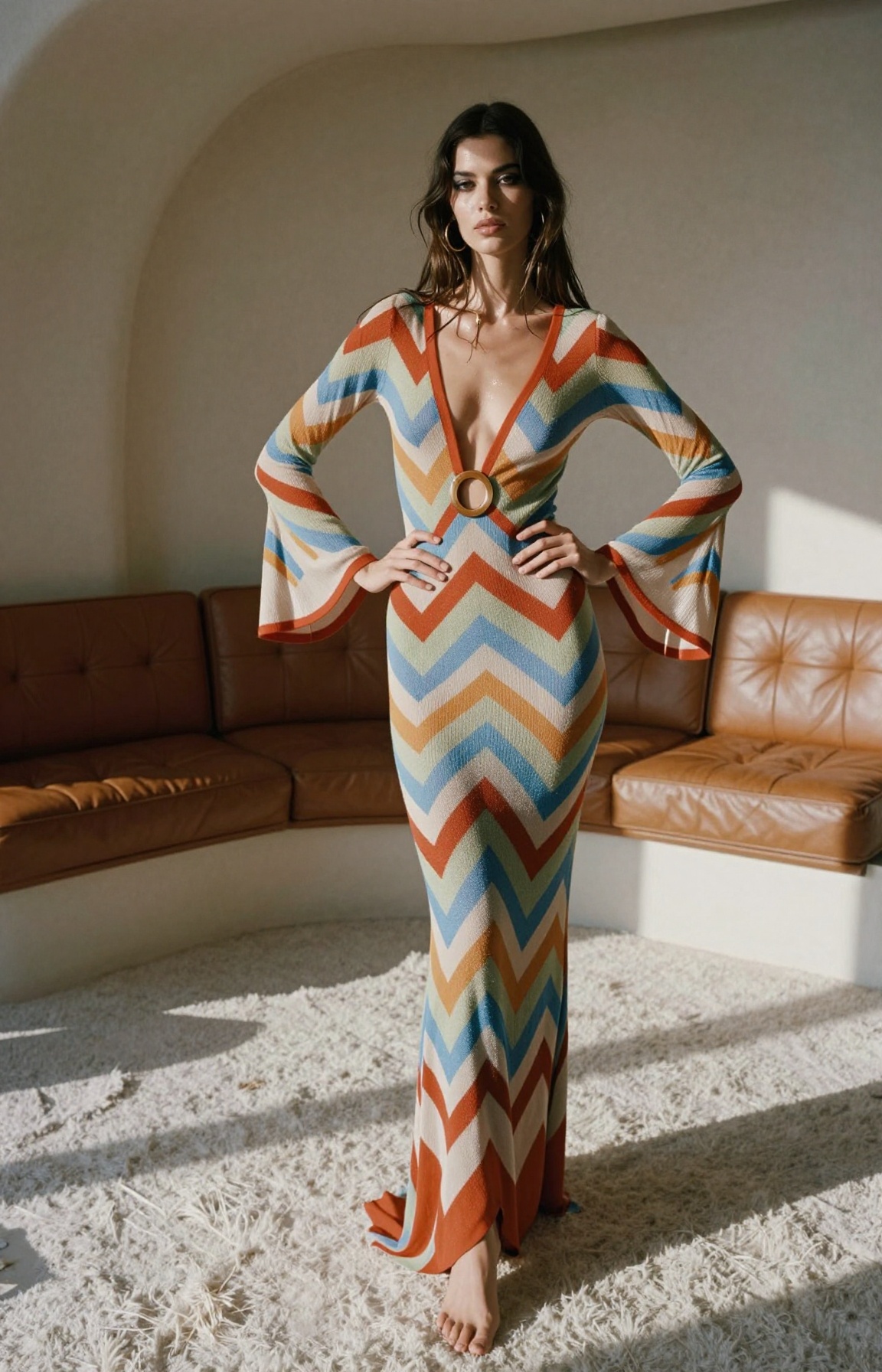 This is a modern editorial shot built to feel like a lost 1972 Italian fashion Polaroid — a full-length portrait of a mode...