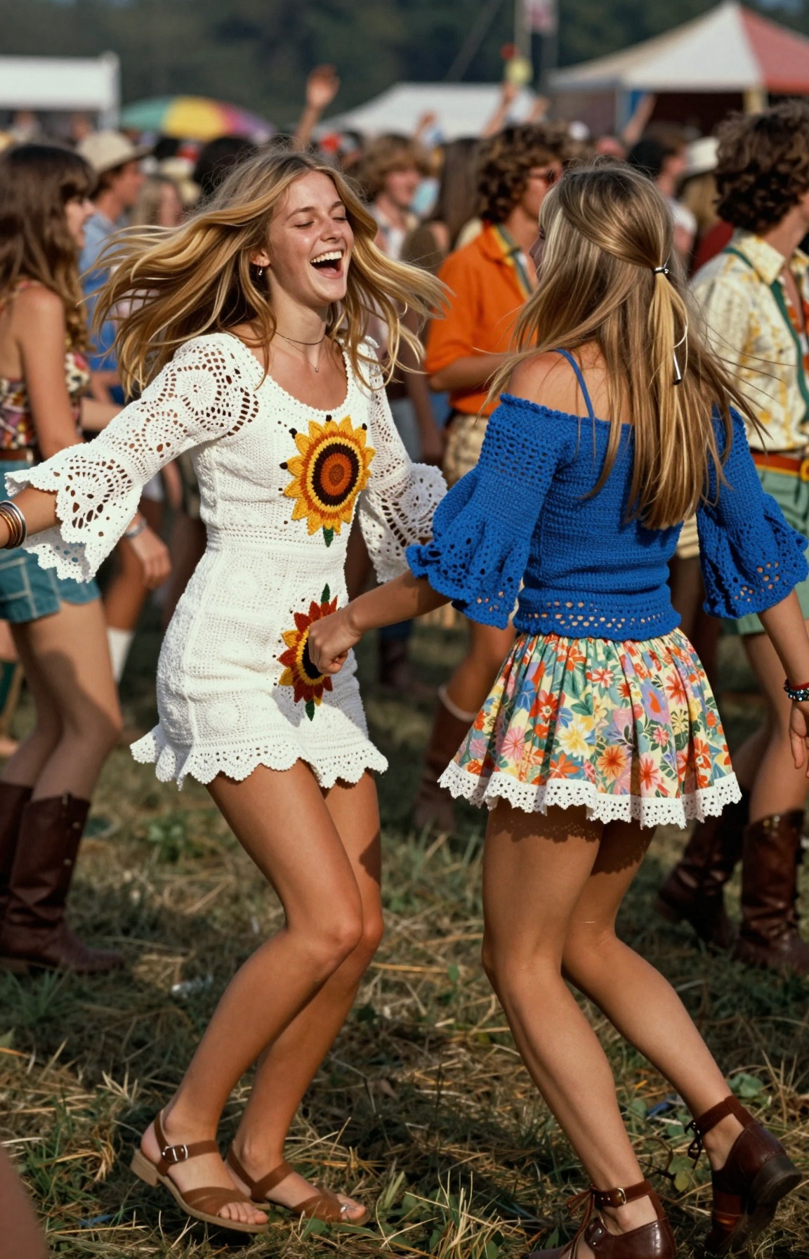 This is a vibrant,  sun-drenched documentary photograph from an outdoor music festival in the late 1960s or very early 197...