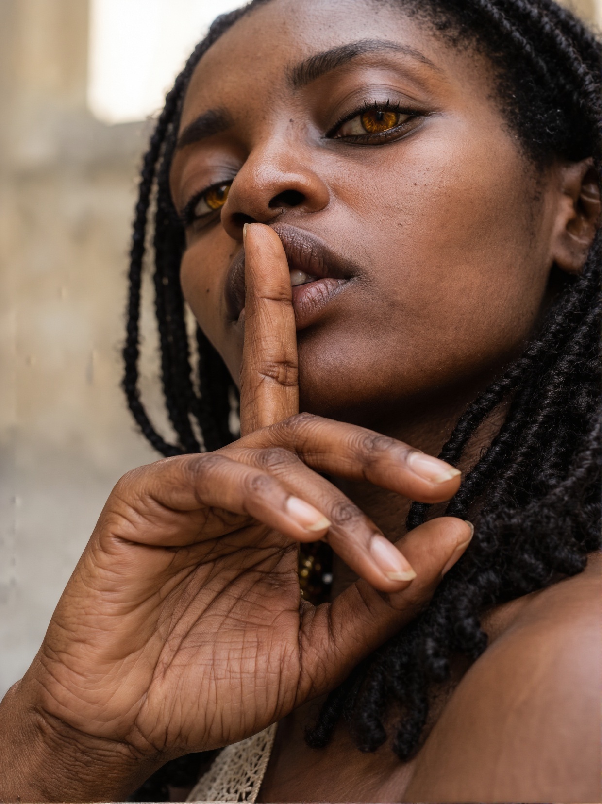 A close-up photograph taken from below and slightly from side,  of a woman doing a shushing pose with her index finger on...