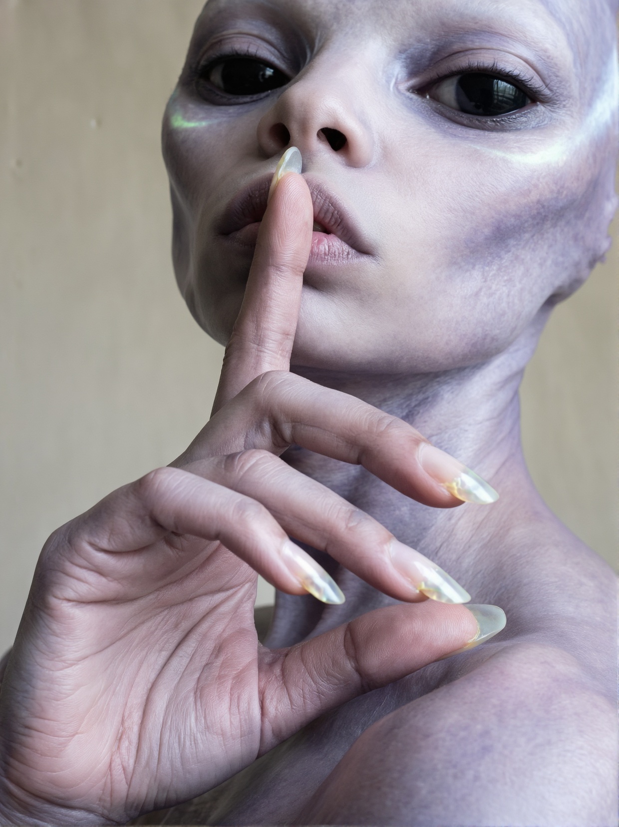 A close-up photograph taken from below and slightly from side,  of an alien woman doing a shushing pose with her index fin...