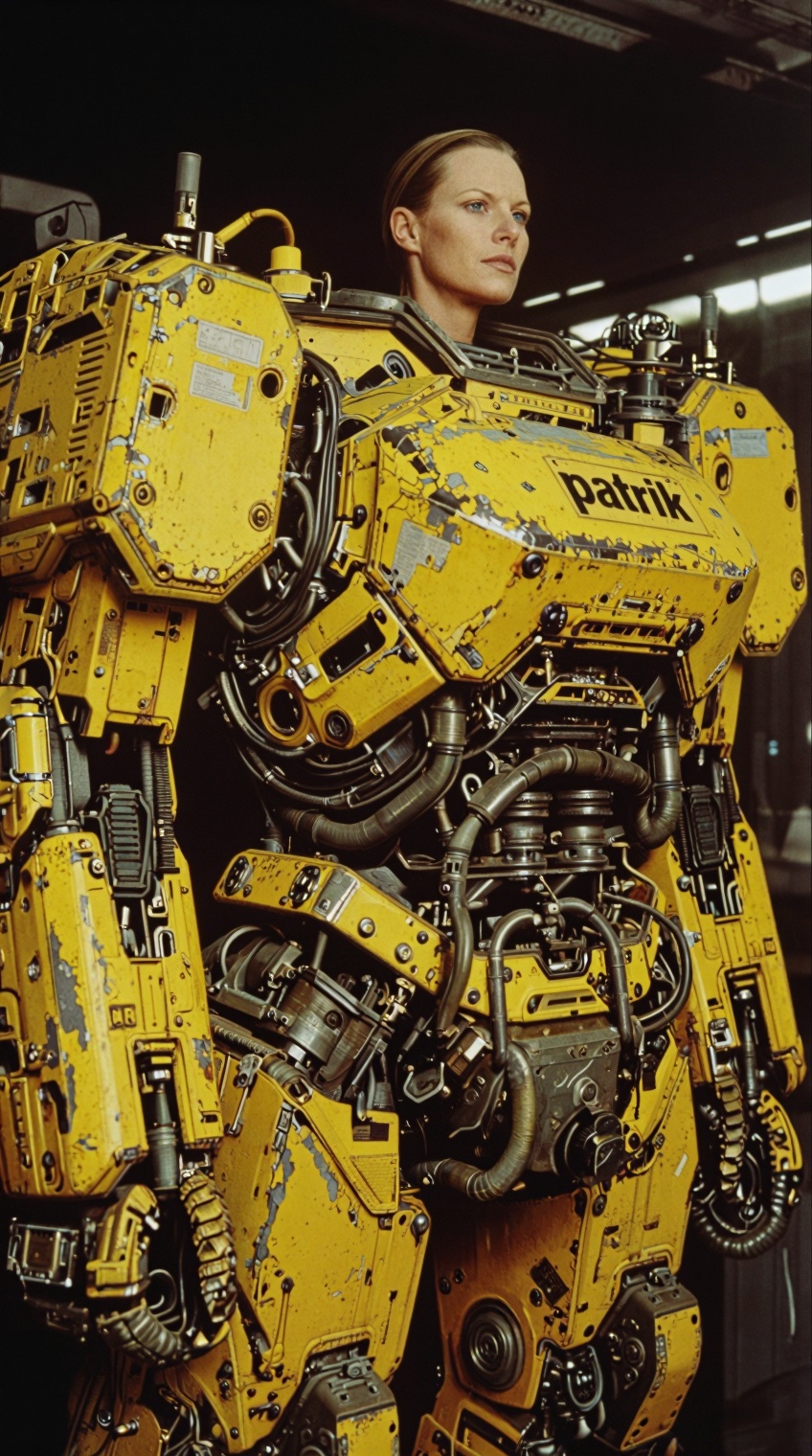 A woman is integrated into a large,  yellow industrial power-loader exoskeleton,  model code "patrik". The suit has massiv...