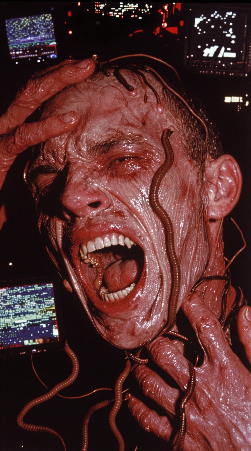 A distorted close-up portrait of a human head screaming in agony. The skin looks too tight and translucent,  revealing rus...