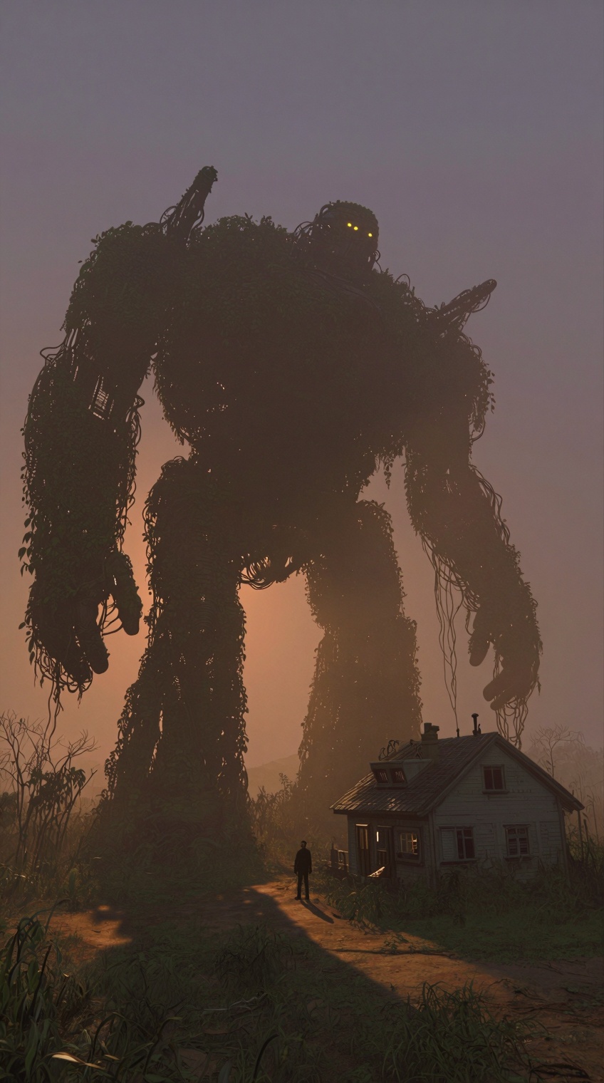 A colossal,  lanky robot,  covered in vines and wires on Tensor.Art