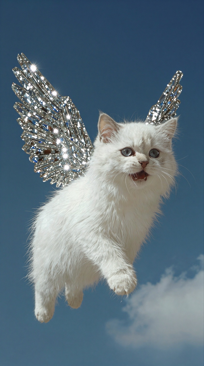 A fluffy white kitten is suspended in mid-air,  facing forward with its mouth slightly open. It has a pair of large,  spre...