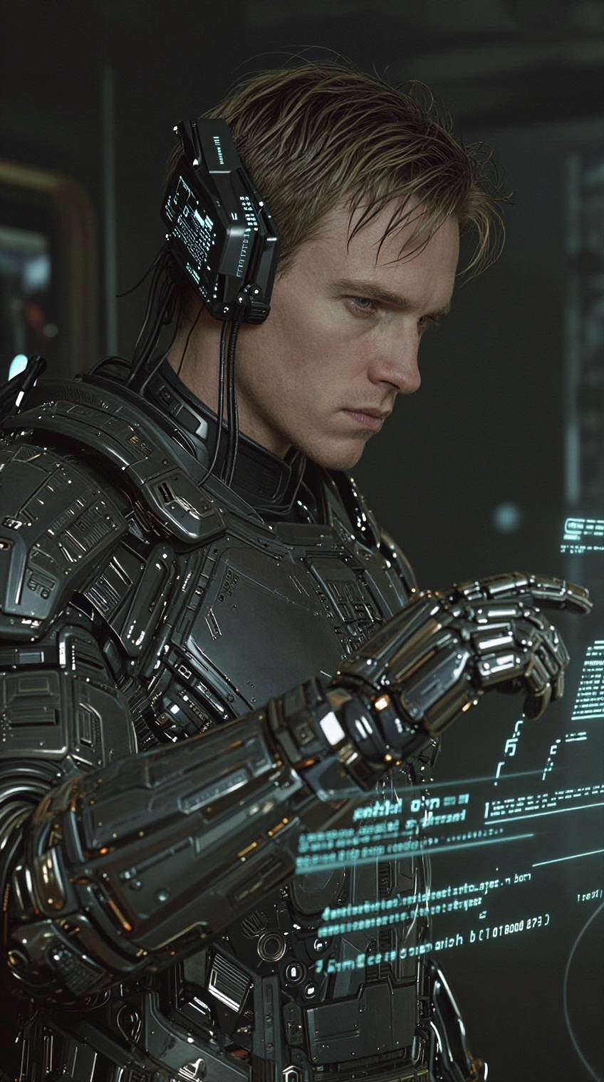 A masculine man with tousled light-brown hair wears a sleek,  black cybernetic headset with glowing blue interface element...