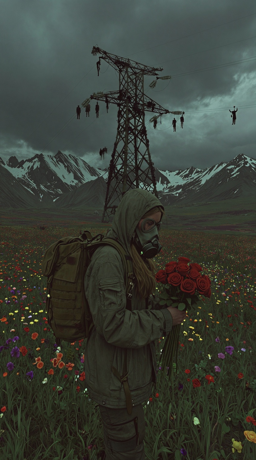 close up of a lone woman stands in the middle of a vibrant,  multicolored flower field spread across a high-altitude plate...