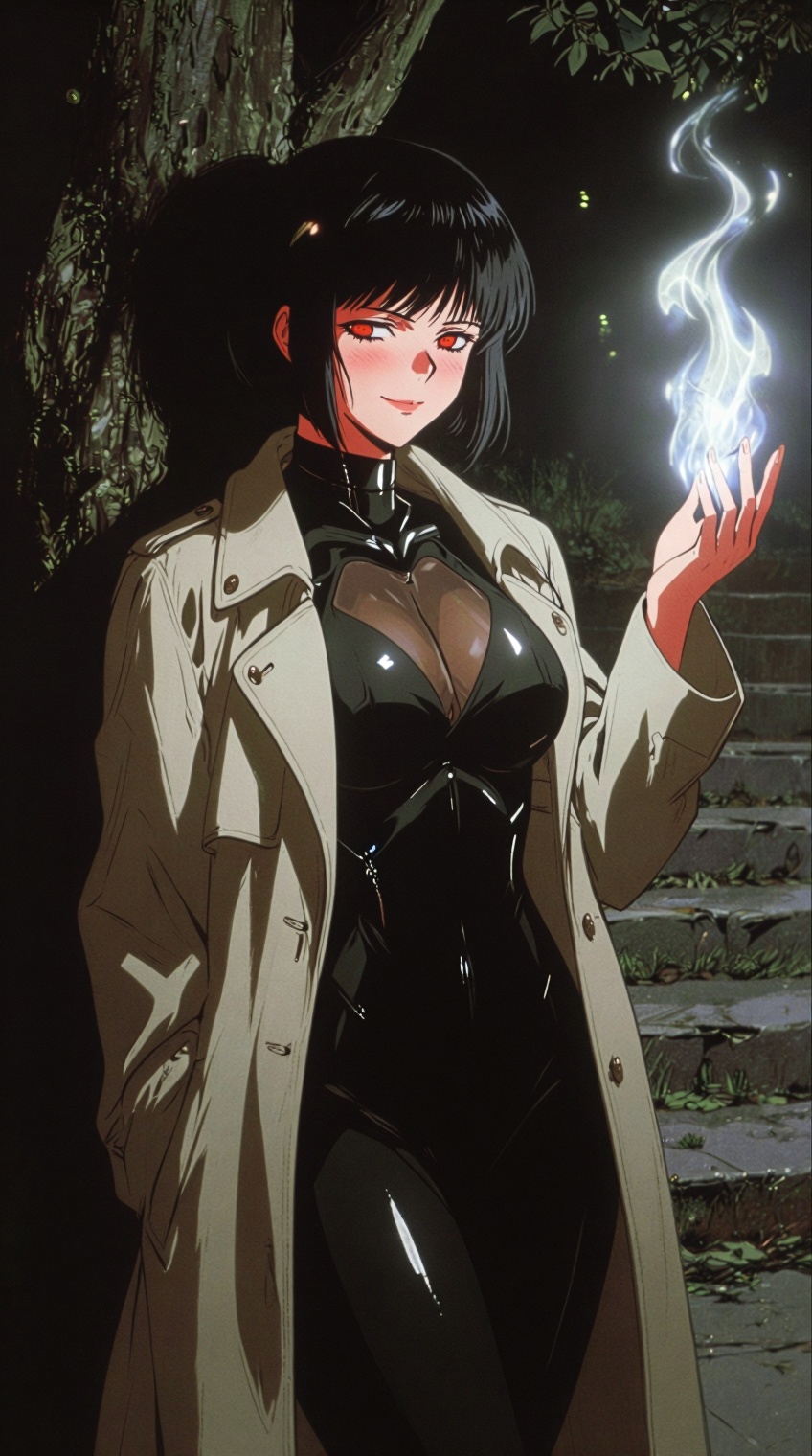 A high-quality semi-realistic anime illustration of a mysterious woman with a short black bob cut and glowing red eyes. Sh...
