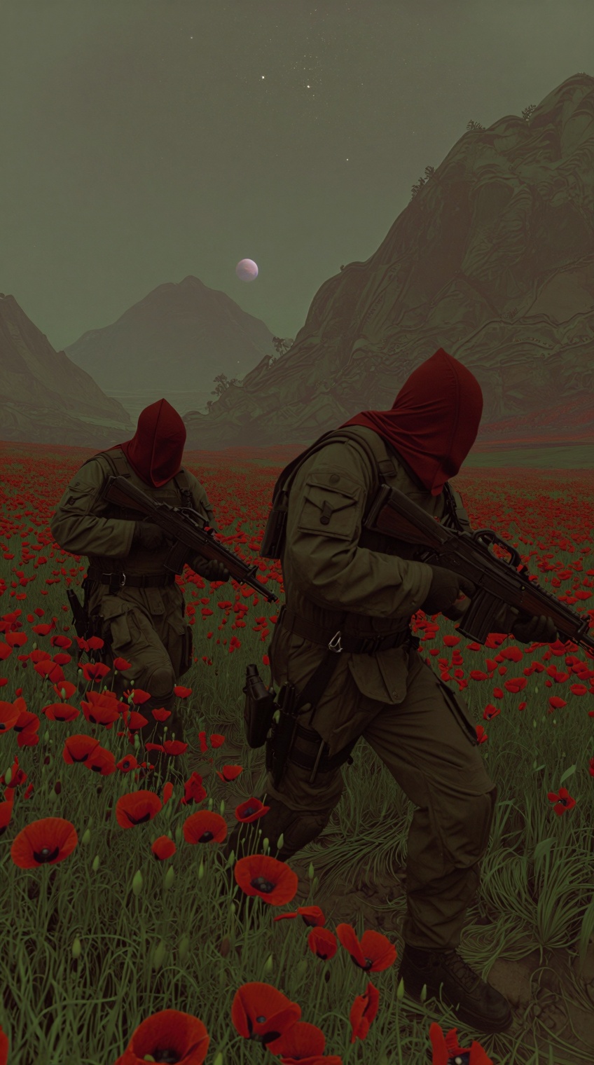 Two hooded figures in tactical robes and red veils move through a dense field of vivid red poppies,  rifles in hand. Their...