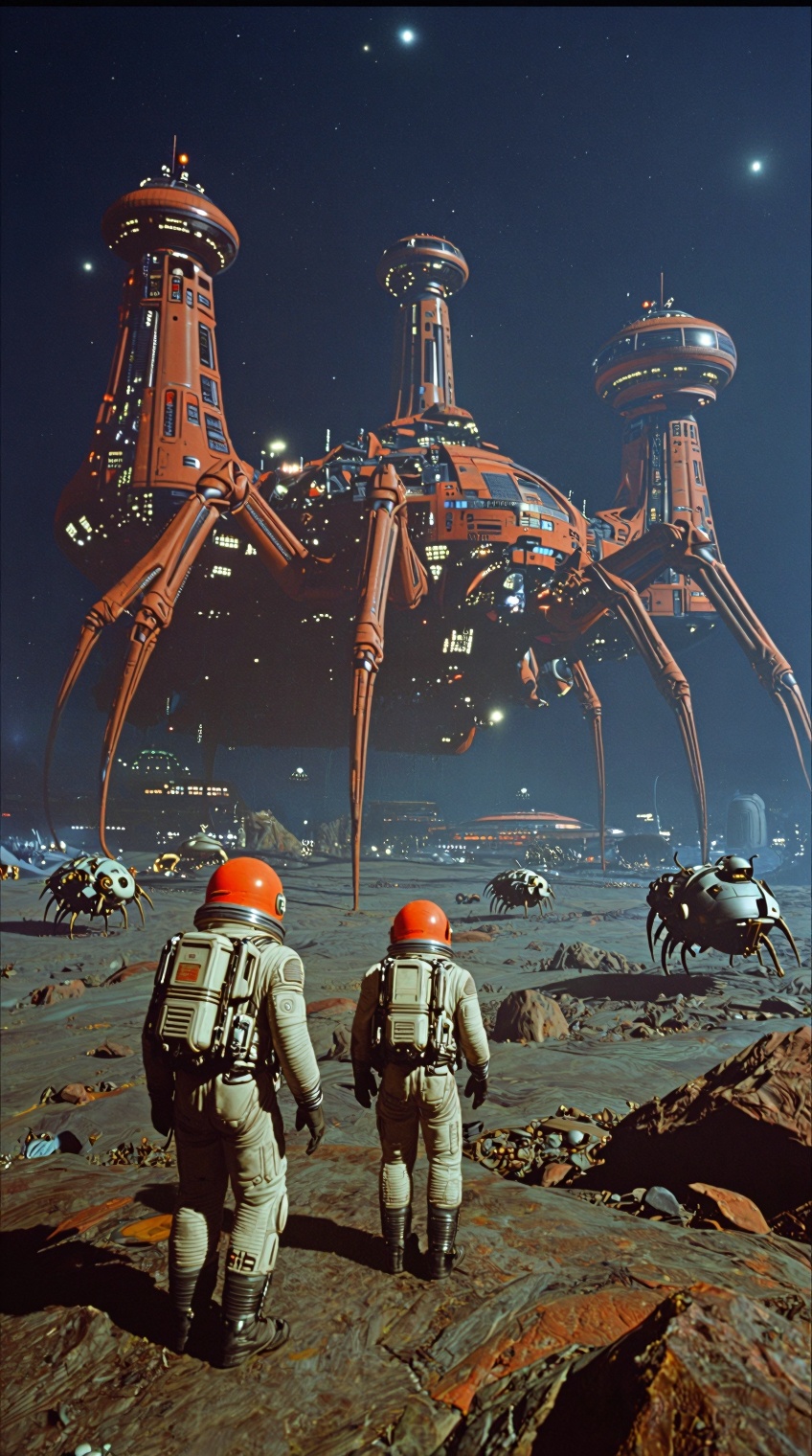 A retro-futuristic science fiction scene set on a rocky alien planet under a star-filled sky. Two astronauts in vintage-st...