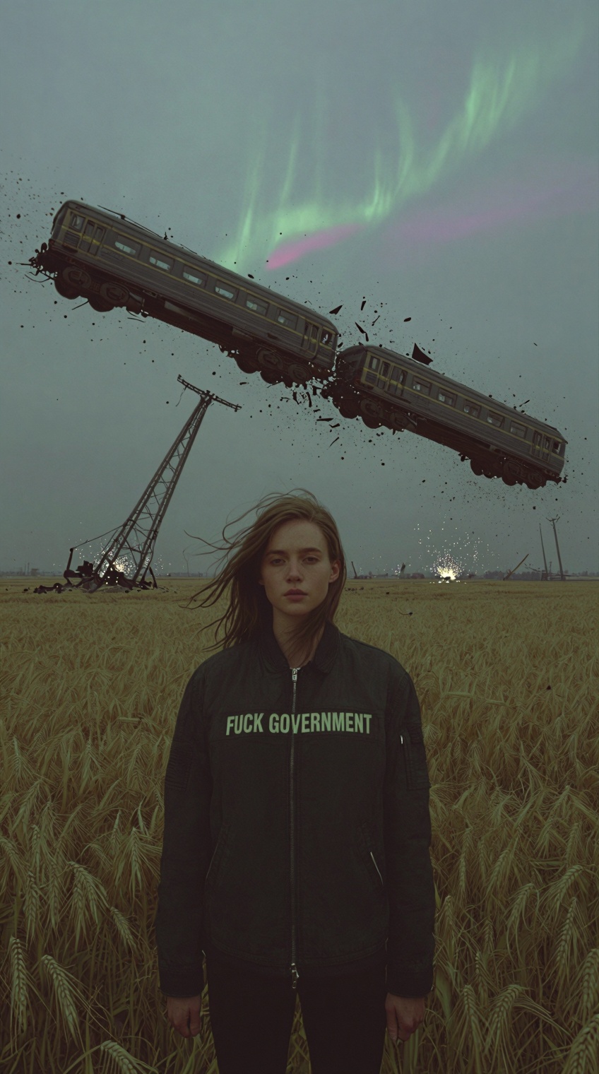 A young woman in a dark jacket with "**** GOVERNMENT" printed across the chest stands in a golden wheat field,  facing for...