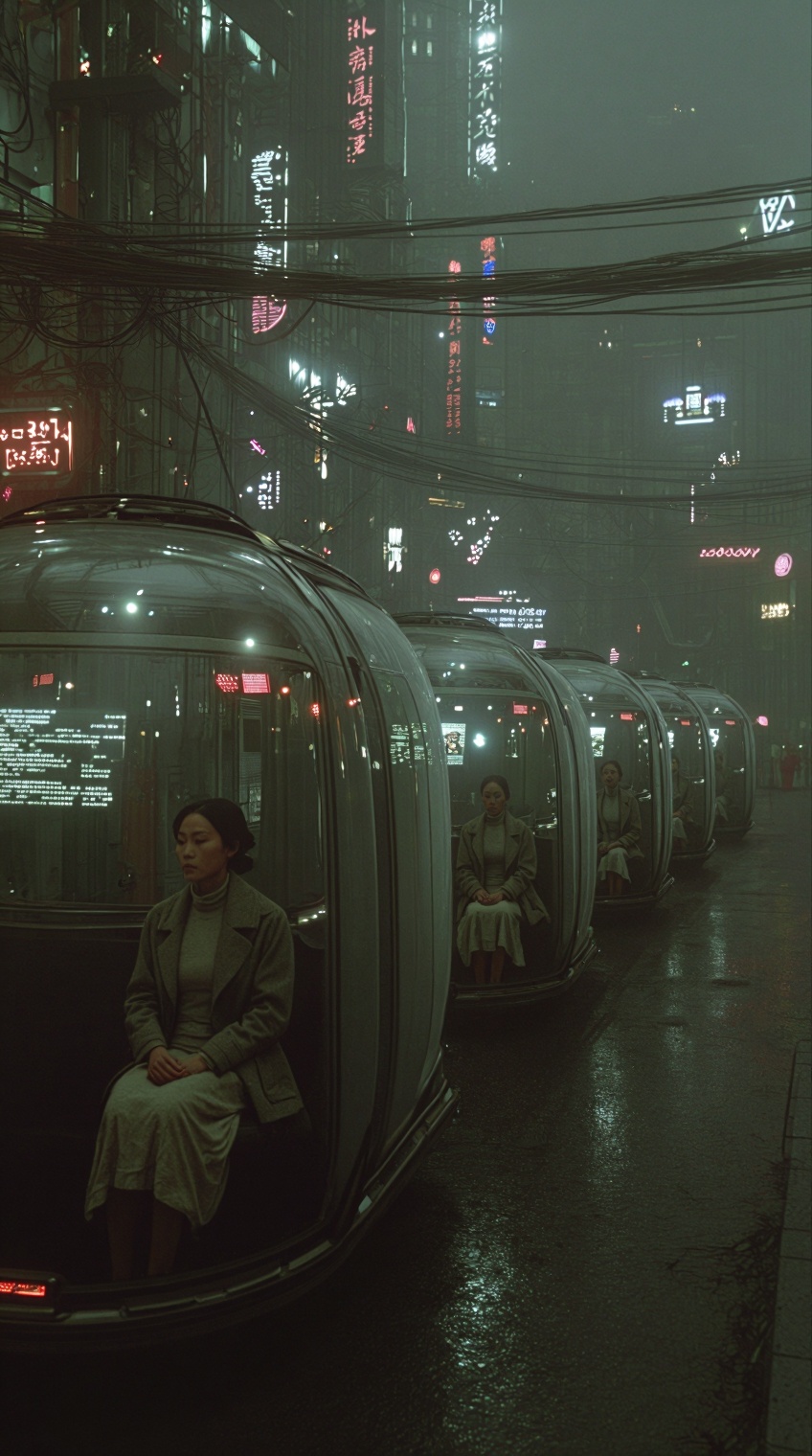 A cinematic wide-shot of a rainy,  dystopian city street in a dense retro-futuristic Asian metropolis. A long line of indi...