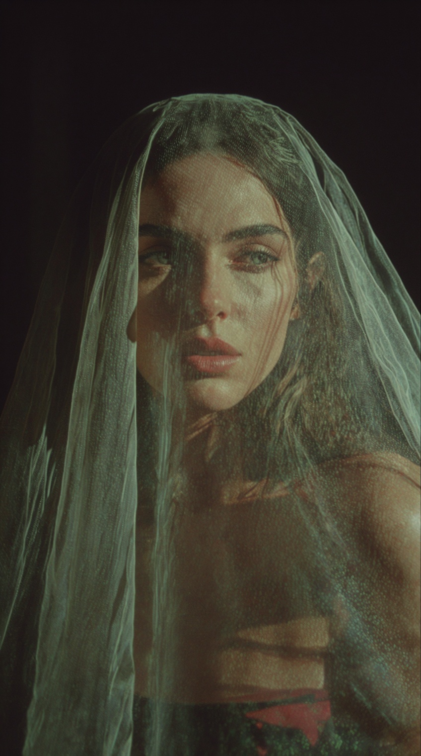 Ultra-detailed,  hyperrealistic portrait of a woman wearing a translucent veil inside a dark room,  dramatic shadows falli...