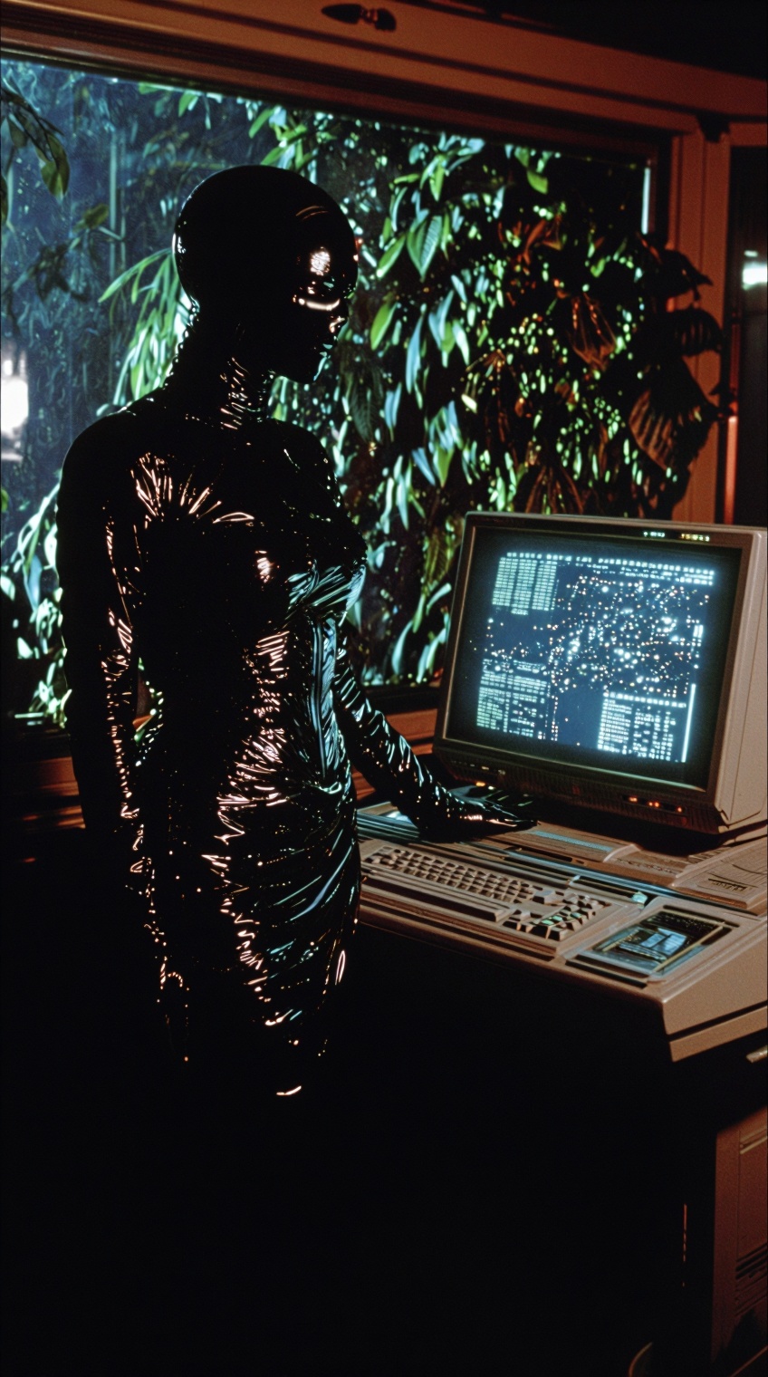 A mysterious figure,  clad head-to-toe in glossy,  black vinyl on Tensor.Art