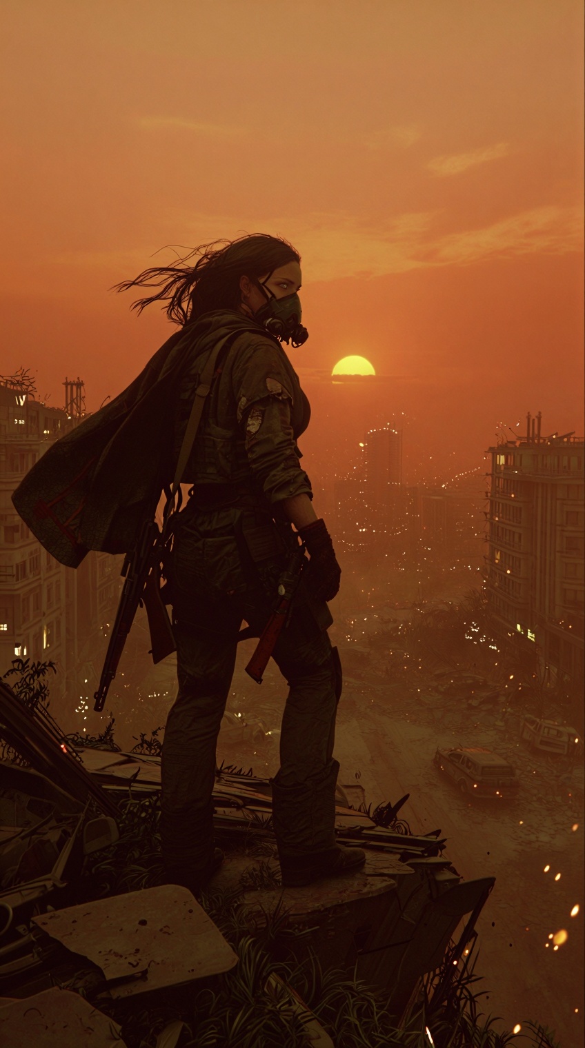 A retro-style photograph capturing a gritty,  post-apocalyptic moment. A lone woman stands on the edge of a crumbling high...