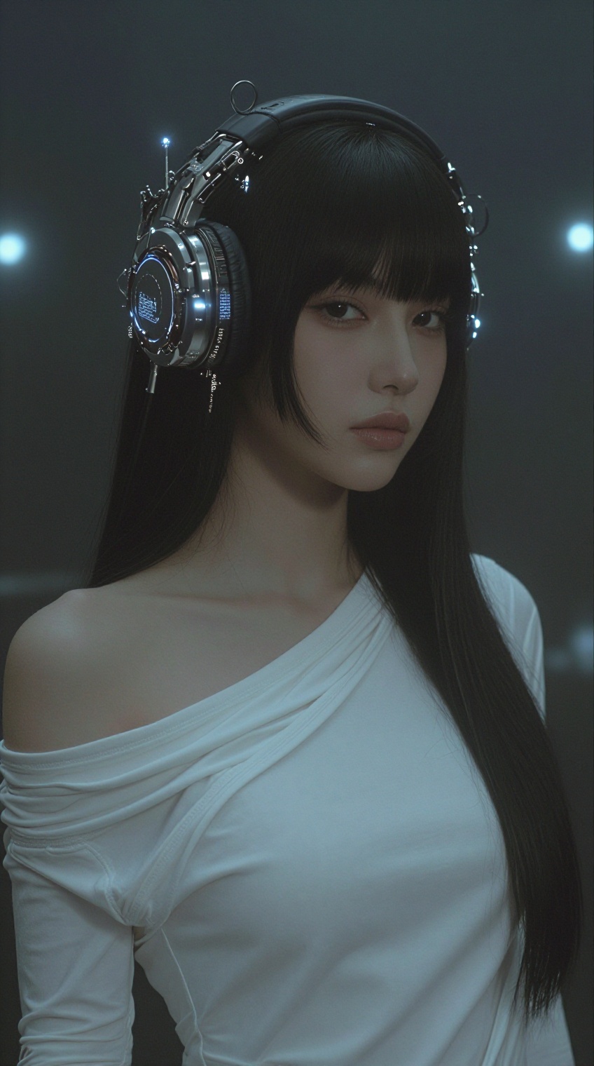 a young woman with long,  straight black hair and bangs is depicted in a futuristic setting,  she wears an off-shoulder wh...