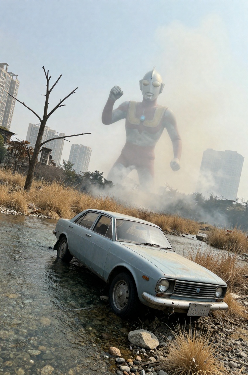 colossal Ultraman loom behind the smoke,  post apocalypse,  weathered vintage car on the shallow crystal clear river on Te...