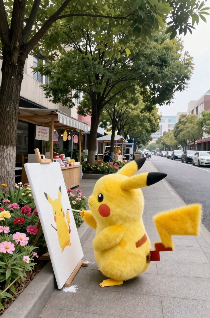fluffy pikachu is painting at a walkway beside the street,  shoplot,  shady tree on Tensor.Art