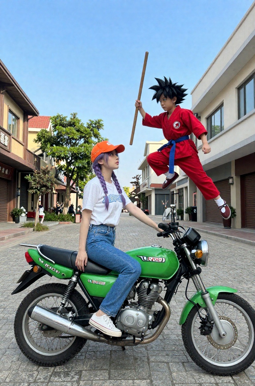 A young woman with purple hair in braids and an orange cap sits on a green motorcycle,  looking back with a neutral expres...