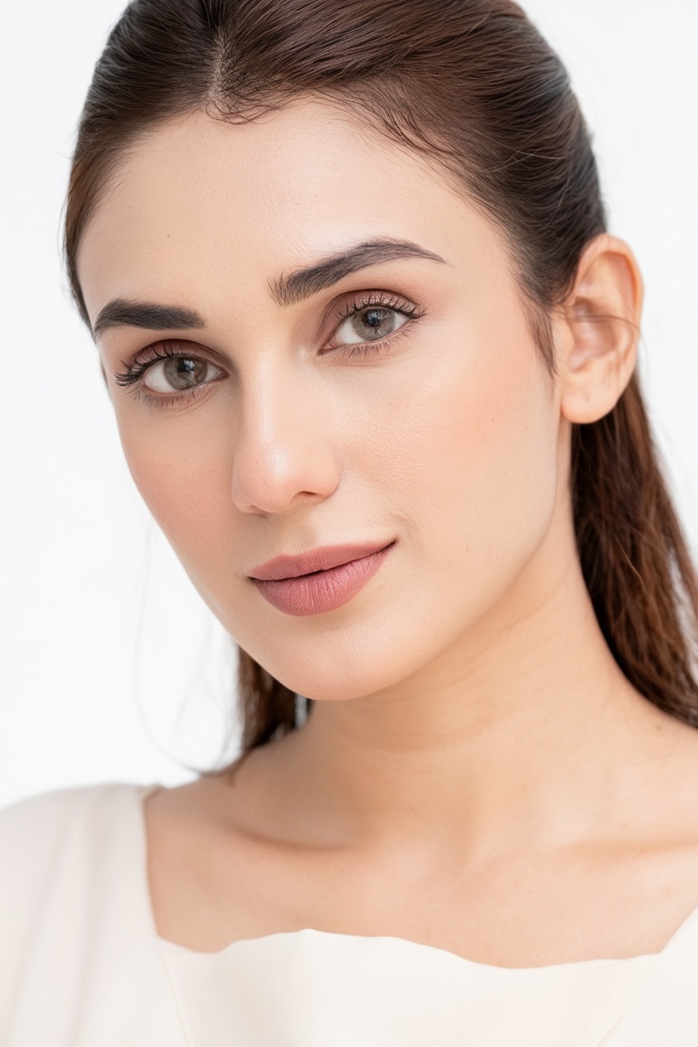 Clean white background,  woman in soft neutral tones,  subtle confident expression on Tensor.Art