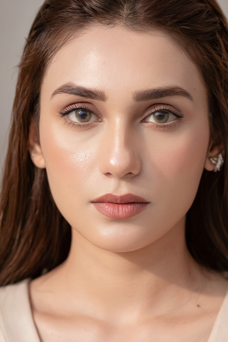 Beauty portrait with slightly dewy skin,  soft highlights on cheekbones and lips,  hair lightly damp and pushed back on Te...