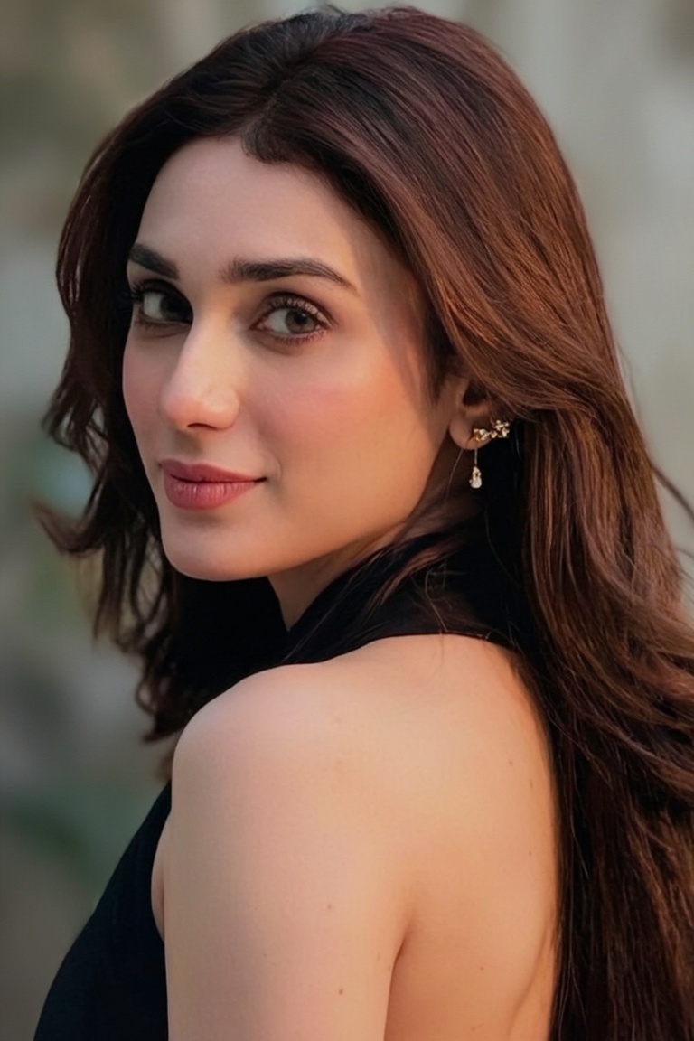 Cinematic portrait,  woman turning back over her shoulder with a soft inviting expression,  loose hair flowing naturally o...