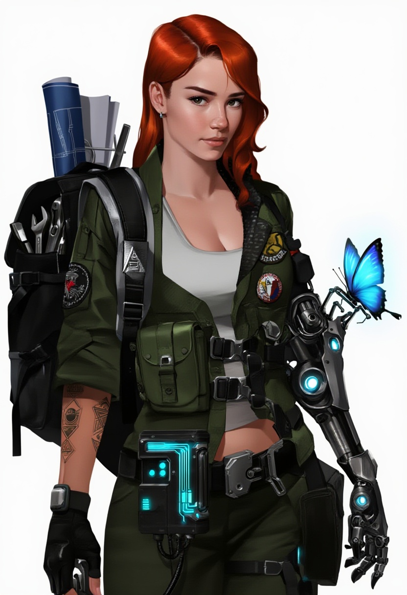 This detailed digital illustration features a young woman with long red hair and a cybernetic left arm. She is dressed in...