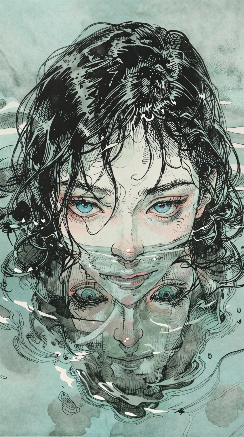 A highly detailed ink-and-watercolor illustration depicts a haunting close-up portrait of a figure with slick,  wet black...