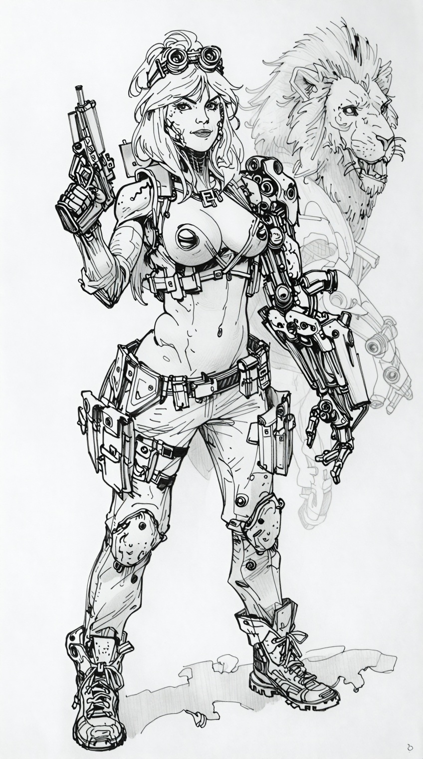 A highly detailed black-and-white ink sketch depicts a confident female cyberpunk mercenary standing in a dynamic full-bod...