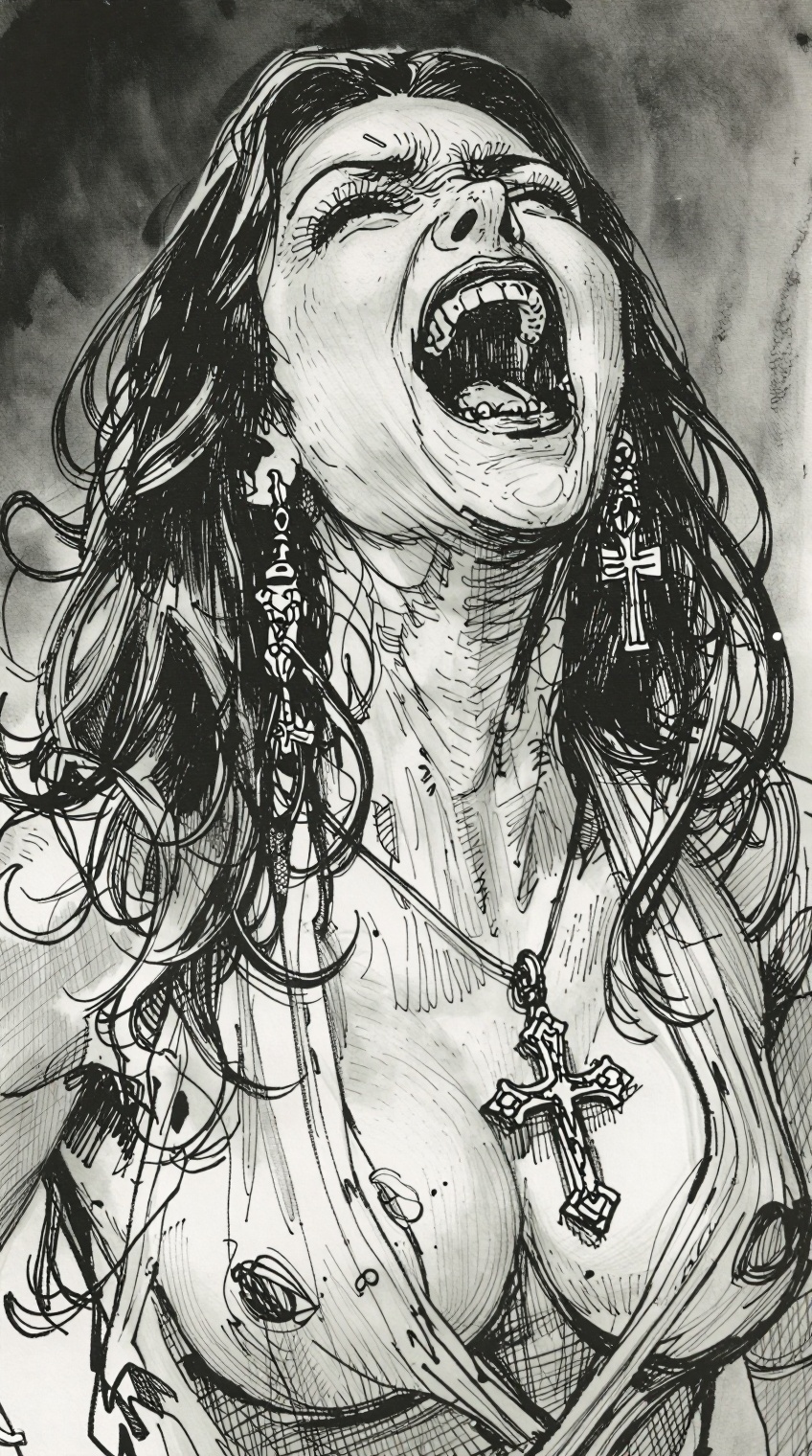 A highly detailed pen and ink illustration depicts a dramatic close-up of a woman with long wavy hair,  head thrown back i...